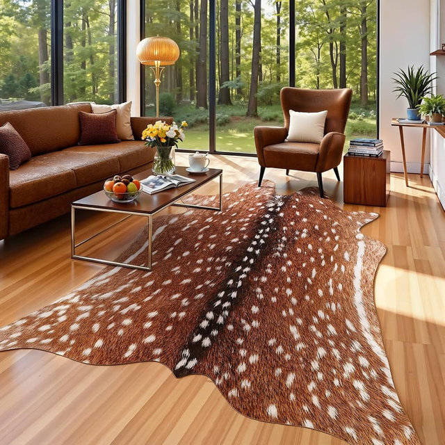 AROGAN Premium Deer Print Rug 4.6x5.2 Feet, Machine Washable Faux Fur Rug, Non-Slip Animal Print Hide Deer Skin Area Rug for Bedroom Living Room Home Decor