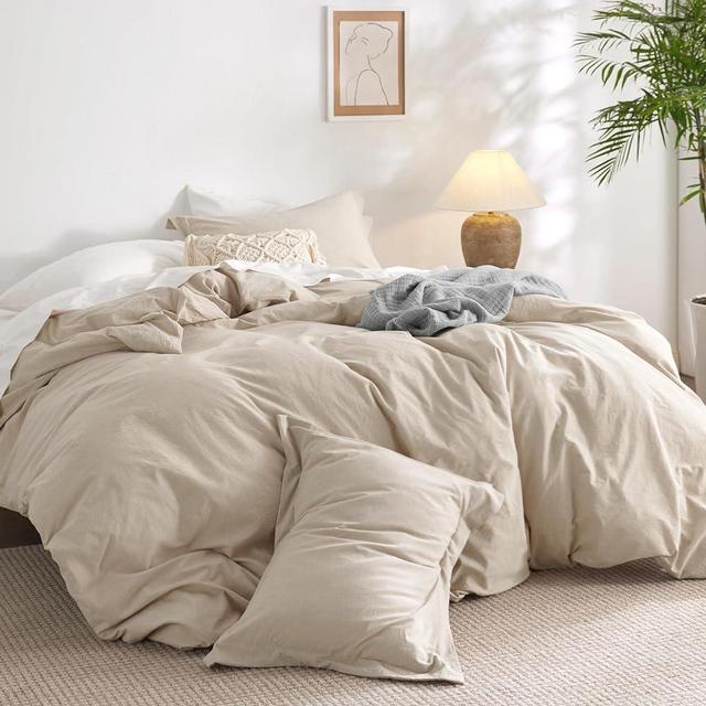 Bedsure 100% Washed Cotton Duvet Cover King Size - Beige Minimalist Cotton Duvet Cover Set Linen Like - 3 Pieces Plain Simple Cotton Duvet Cover Set with 2 Pillow Shams (Beige, King, 104"x90")