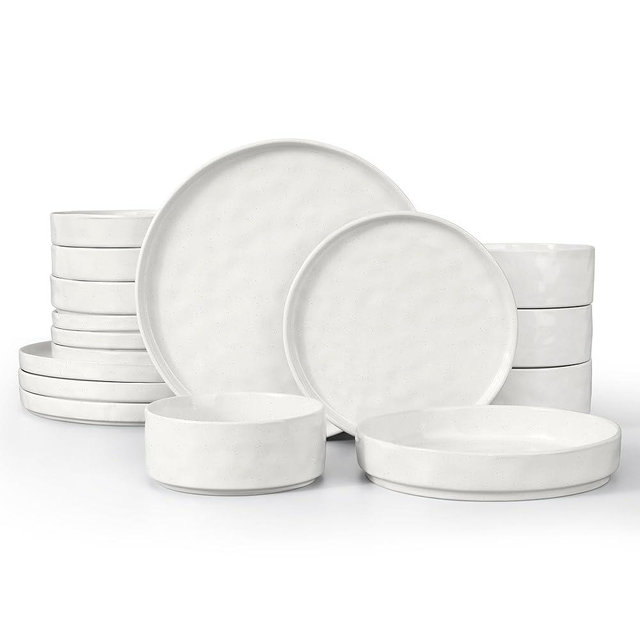 LIANYU Dinnerware Sets with Pasta Bowls for 4, 16 Piece Ceramic Dinner Plates and Bowls Dish Set, Kitchen Speckled Dining Tableware Dishware, Microwave & Dishwasher Safe, Polar White
