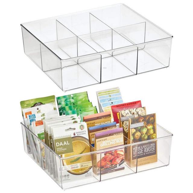 mDesign Plastic 6 Compartment Divided Kitchen Drawer Storage Bin - Organizer for Teas, Packets, Spices, Snacks, Food Packets, Applesauce, Use for Pantry Organization and Storage, Shelf, 2 Pack - Clear