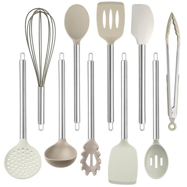 COOK WITH COLOR Silicone Cooking Utensils, Kitchen Utensil Set, Easy to Clean Silicone Kitchen Utensils, Cooking Utensils for Nonstick Cookware, Kitchen Gadgets Set, 10 Pieces, Brown