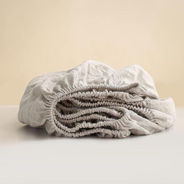 King Linens 100% Linen Fitted Sheet Stone Washed Solid Color - (1 Piece) 14 inch Deep Pocket Mattress Cover Soft Natural Breathable Farmhouse - Linen, Full Size