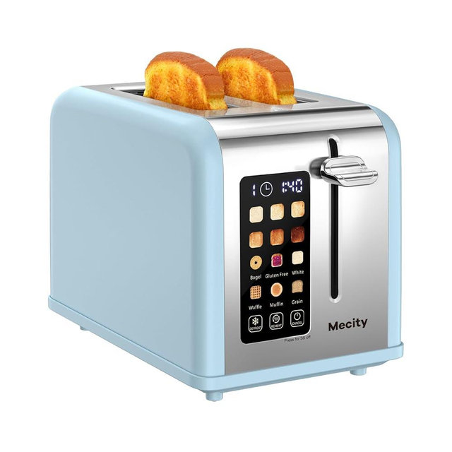 Mecity 2 Slice Touch Screen Toaster, 1.5" Wide Slot, Stainless Steel Smart Toaster for Bagels, Muffins, Waffles, Gluten-Free Breads, Defrost, Reheat, Timer, 825W, Ice Blue