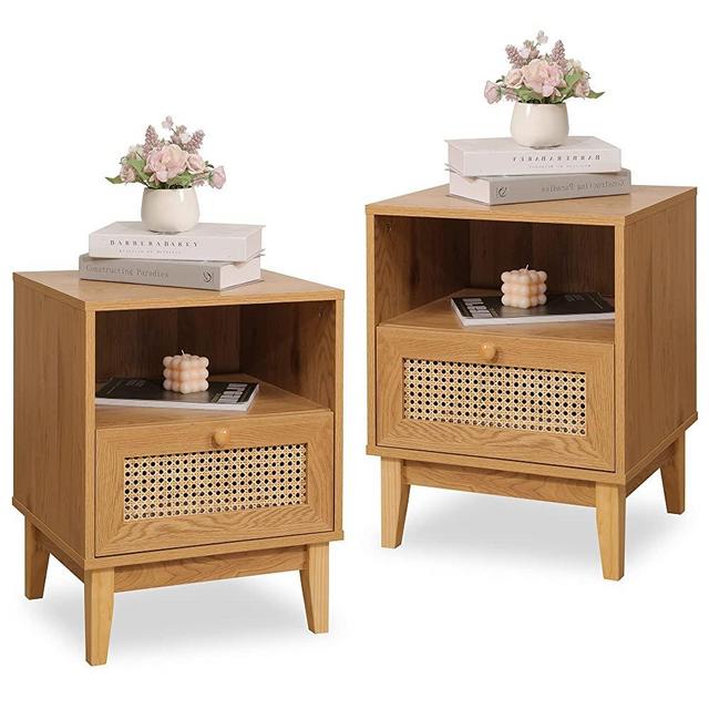 Betterhood Rattan Nightstand, Wooden Bedside Table End Table for Living Room and Bedroom,2 Pack