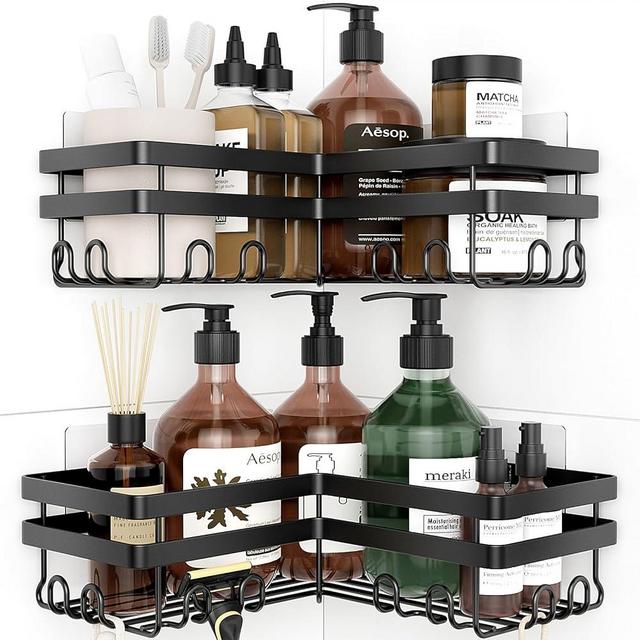 HomeHacks Shower Caddies, No Drilling Rustproof Shower Organizer, Shower Storage Shelves with Hooks, Apartment Essentials for Bathroom, Kitchen and Living Room, Shower Shelf for Inside Shower, 2-Pack