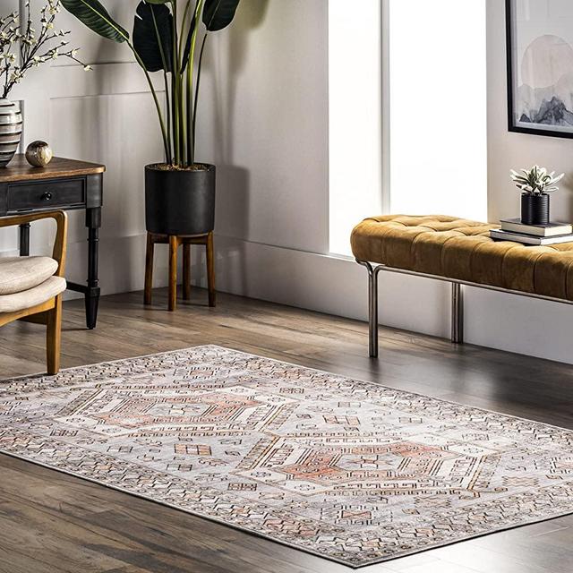 nuLOOM Mae Machine Washable Tribal Motif Area Rug, 4' x 6', Light Grey