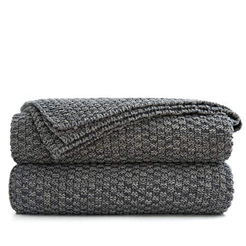 Longhui bedding Grey Knitted Throw Blanket for Couch – Soft, Cozy Machine Washable 100% Cotton Sofa Knit Blankets, Heavy 3.0lb Weight, 50 x 63 Inches, Gray and White Color,Laundry Bag Included