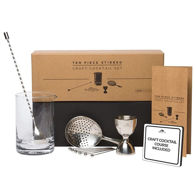 Premium Cocktail Mixing Glass Set 10 Piece Professional Weighted Lead-Free Crystal Mixing Glass with Bar Spoon, Julep Strainer, Bell Jigger and Reusable Cocktail Picks Made from Stainless Steel 306