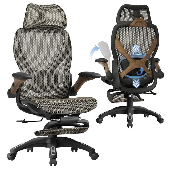 ELABEST X100 Ergonomic Office Chair with Footrest, Big and Tall Home Desk Chair with 5D Flip-Up Arms, Adjustable 3D Lumbar Support,High Back Rolling Computer Chair, Swivel Mesh Chairs (Coffee Break)