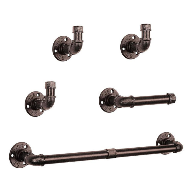 NearMoon 5-Pieces Industrial Pipe Bathroom Hardware Set, Include 18 Inch Towel Bar, Toilet Paper Holder and 3 Robe Hooks, Heavy Duty DIY Style Wall Mounted Rustic Decor Accessories Kit (Bronze)