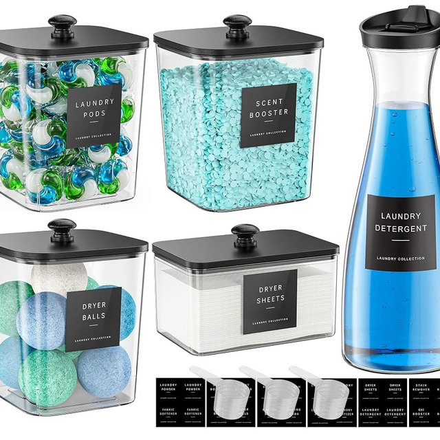 3+1+1 Pack Laundry Pods Container & Dryer Sheet Holder with Lid, 54OZ Liquid Soap Detergent Dispenser for Powder, Beads and Fabric Softener, Black Laundry Room Organization and Storage, 10 Labels