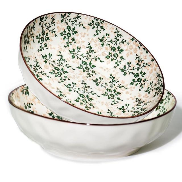 Ronanemon Large Serving Bowls, 78Oz Extra Large Salad Bowls Set of 2, Green Floral Pattern Design Decorative Bowls for Salad, Fruit, Pasta and Dinner, Serving Dishes Set for Party (Green Floral of 2)