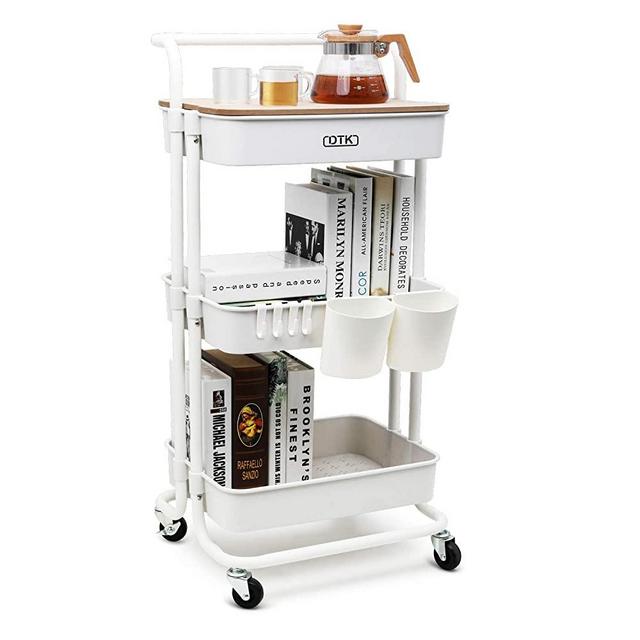 DTK 3 Tier Utility Rolling Cart with Cover Board, Rolling Storage Cart with Handle and Locking Wheels Kitchen Cart with 2 Small Baskets and 4 Hooks for Bathroom Office Balcony Living Room(White)