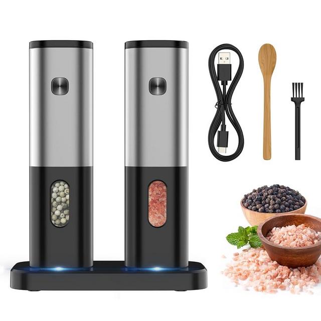 Syaws Electric Pepper and Salt Grinder Set,USB Rechargeable Pepper Grinders with Charging Base,Automatic Pepper Mill with LED Light,Adjustable Coarseness