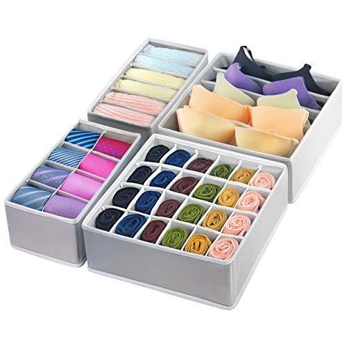 GOGOODA 4 Pcs Foldable Drawer Organizer, Desk Closet Organizer and Storage Drawer Dividers for Underwear Bra Socks(Grey)