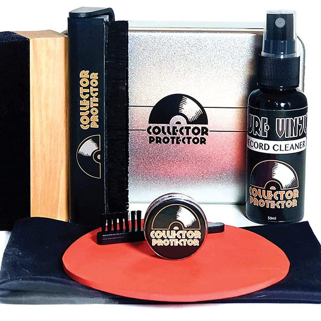 Vinyl Record Cleaning Kit - The Complete Set - Includes Soft Velvet & Carbon Fiber Record Brushes, LP Cleaner Solution, Turntable Stylus Gel, Microfiber Cloth, Label Protector & Metal Storage Case