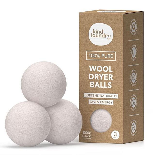 KIND LAUNDRY Wool Dryer Balls (3-Pack) - Eco-Friendly, Organic and Reusable Fabric Softener Alternative - Shorten Clothes Drying Time - Anti Static - Made with New Zealand Wool