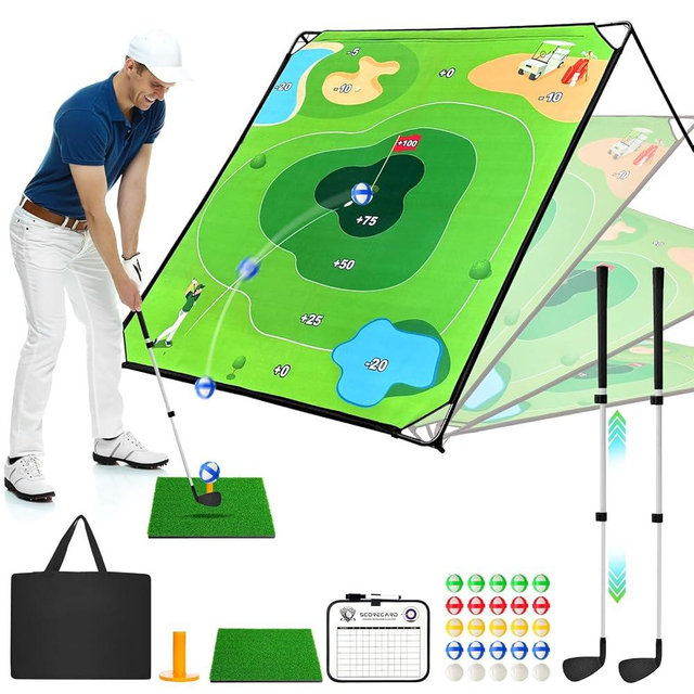 URUQ Golf Chipping Game with Large Target Mat, 2 Upgraded Adjustable Golf Clubs, 25 Sticky Balls, Outdoor Indoor Sports Toy Gift for Adults Kids, Fun Family Backyard Yard Golf Game Set