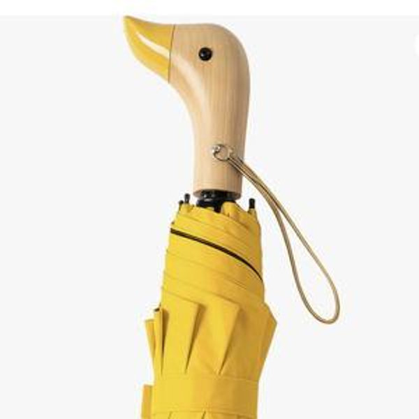 Travel Folding Umbrella with Cute Duck wooden Handle,Wide Strap,Rain/Sun,UPF 50+,UV Protection,Compact, Lightweight Portable, Sturdy & Collapsible,8 Ribs, Women/Kids,Backpack/Car