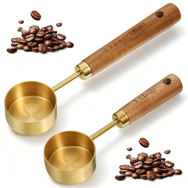 2 PCS Coffee Scoop Gold 1 Tablespoon Measuring Spoon (15ml) Stainless Steel Coffee Measuring Spoon Vintage 1 Tablespoon Scoop with Wooden Handle for Tea, Kitchen