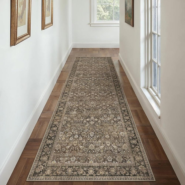 HUGEAR 3x12 Runner Rug Machine Washable Brown Hallway Area Rug Indoor Accent Rug Floral Low Pile Carpet Soft Throw Rug Bedroom Living Room Office Dining Room Kitchen Laundry Room Non Slip