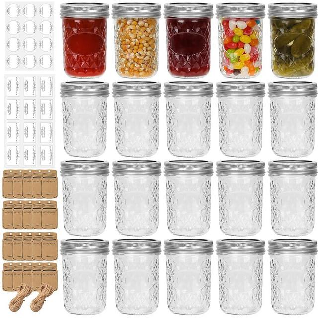 Eathtek 8 oz Mason Jars 20 Pack, 240ml Mini Canning Jars with Regular Lids for Jelly Herbs Spice Honey Storage, Small Glass Jars Candle jars, Extra Lids Tags Label Included