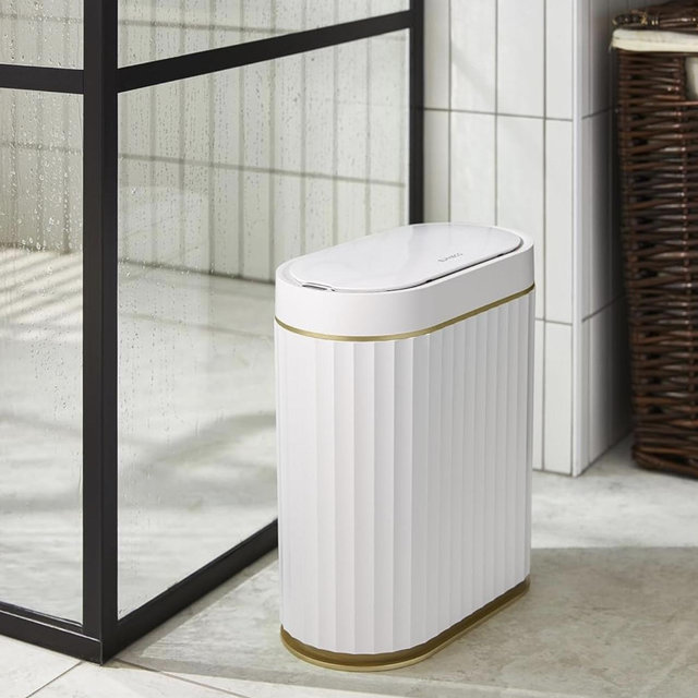 ELPHECO Automatic Motion Sensor Trash Can - 2 Gallon Slimline for Bathroom, Bedroom, Kitchen, Office - White with Gold Trim