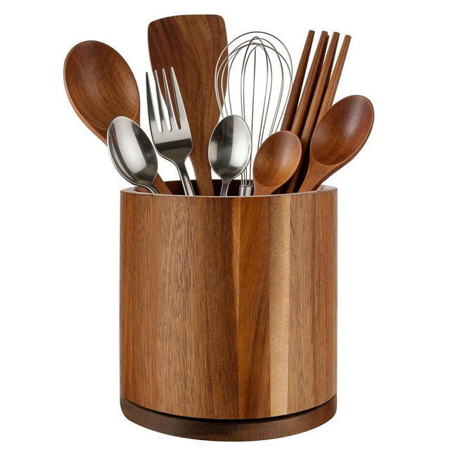 Cyrabota Acacia Wood Utensil Holder 360°Rotating Anti-Tip Design for Kitchen Counter,Cooking Utensil Crock for Countertop , Large Utensil Organizer for Spatula