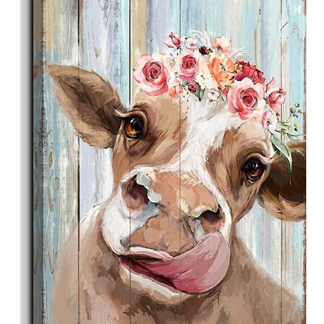 Country Farmhouse canvas Printing Rustic Bedroom Decor Retro Cow Wall Art Home artwork Print Used in Bathroom Office fireplace kitchen Dining Room Decorate Cattle With Garland (12inchx16inch） …