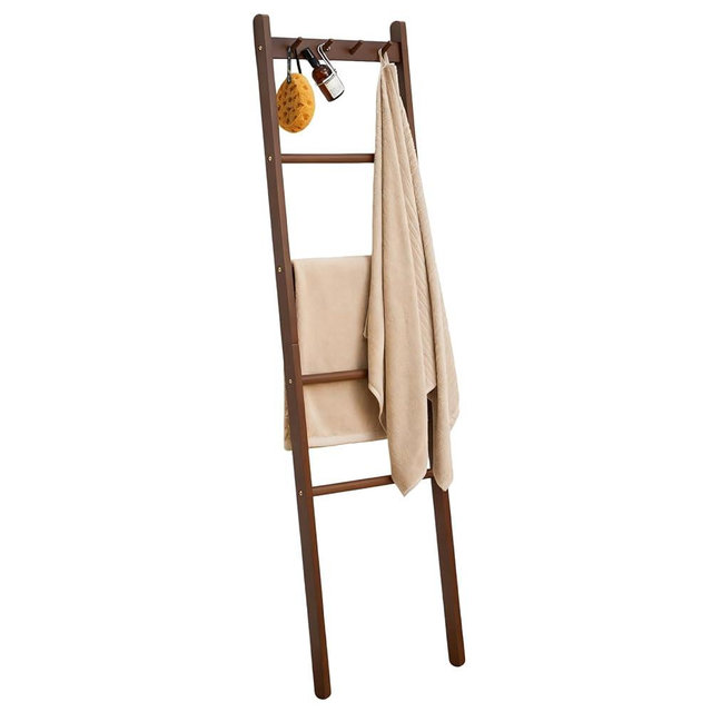 Yaochuforest Beech Wood Blanket Ladder, 5.3ft Natural Farmhouse Quilt Holder with Top Hooks, 4-Bar Decorative Throw Rack, Towel Shelf for Living Room, Bedroom, Small Space Storage (Walunt)