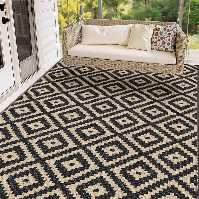 Mattitude Waterproof Outdoor Rug 5x8 Ft Outdoor Plastic Straw Rug Reversible Patio Rug Large Outdoor Carpet Area Rug for Patio Backyard Picnic Beach Camping RV Black & Beige