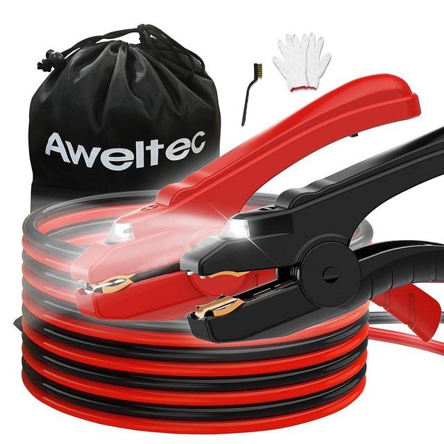 AWELTEC Jumper Cables with LED Light - 6 Gauge 16 Feet Battery Heavy Duty Booster Cables (6AWG x 16Ft) with Carrying Bag, Safety Gloves and Iron Brush