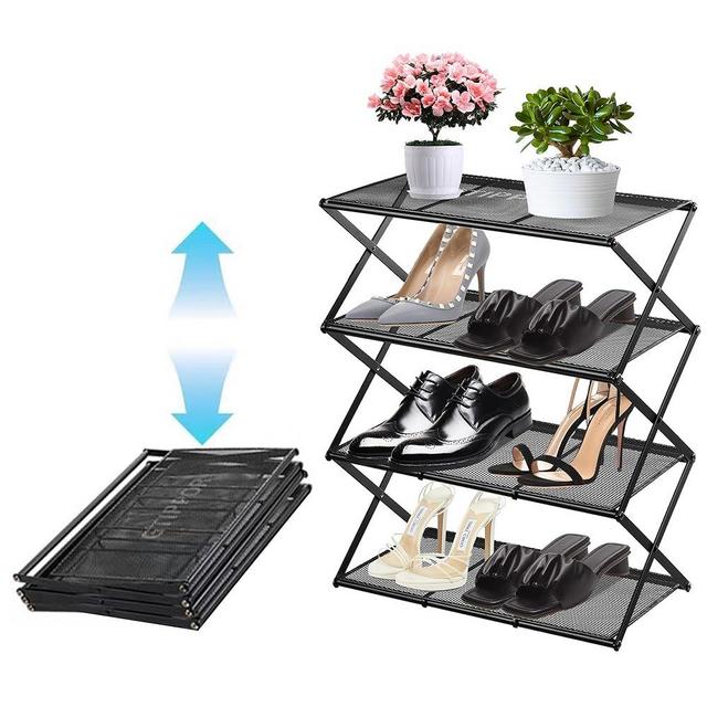 GTIPPOR Shoe Rack for Entryway 4 Tier Foldable Shoe Rack Without Assembly Collapsible Metal Shoe Organizer Folding Shoe Storage Rack for Door, Living Room, Black