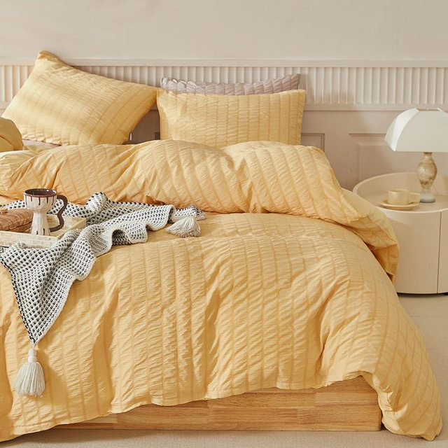 WARMDERN Duvet Cover Set Queen Size, 3pcs Washed Microfiber Mustard Yellow Bedding Set, Soft Breathable Striped Textured Seersucker Duvet Cover with Zipper Closure & Corner Ties(Mustard Yellow, Queen)