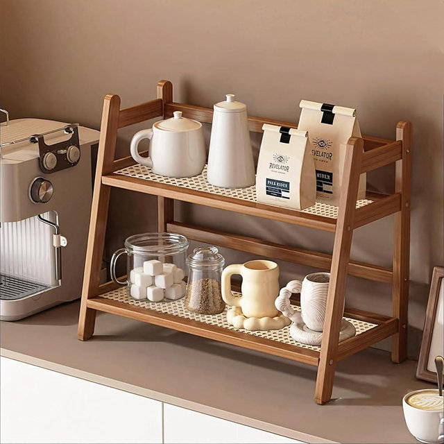D-werack Wicker-Look Coffee Station Organizer, Bamboo Mug Holder Countertop, Kitchen Counter Shelf for Tea Coffee Bar Accessories, Matcha Stand, Cup Display, Condiment Storage Rack, 2 Tier, Brown