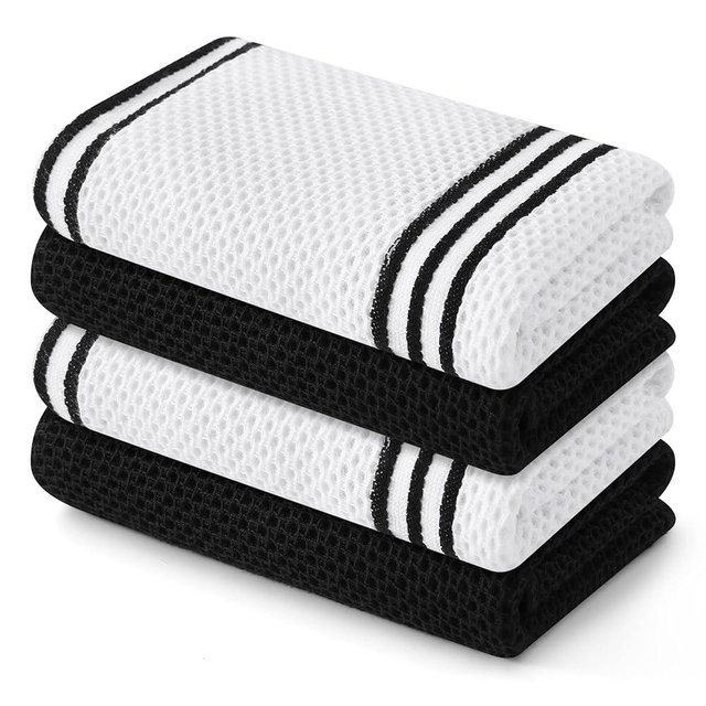 Mordimy 100% Cotton Waffle Weave Kitchen Towels, 13 x 28 Inches, Super Soft and Absorbent Buffalo Check Dish Towels for Drying Dishes, 4-Pack, Black & White Stripe