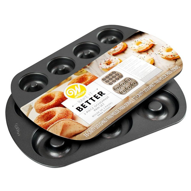 WiltonDonut Pan 2-Piece Set, 6-Cavity Mini, and 12-Cavity Standard Donuts, Scratch Resistant and Nonstick Doughnut Pan with Doughnut Molds, Made of Long Lasting Carbon Steel Construction Heats Evenly