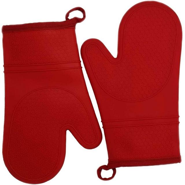 Heat Resistant Silicone Oven Mitts with Cotton Lining - Non-Slip, Flexible, and Durable Kitchen Gloves for Cooking, Baking, Grilling, and Microwaving (Pair of 2) (Red)
