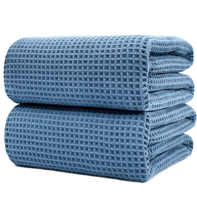 POLYTE Microfiber Quick Dry Lint Free Bath Sheet, 70 x 35 in, Set of 2 (Blue, Waffle Weave)