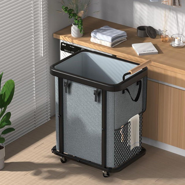 40 Gal (150L) Laundry Hamper with Lid, Leather Patchwork Laundry Basket with Rolling Lockable Wheels and Handle, Laundry Basket Organizer for Laundry Room, Bedroom and Bathroom,Laundry Room - Gray