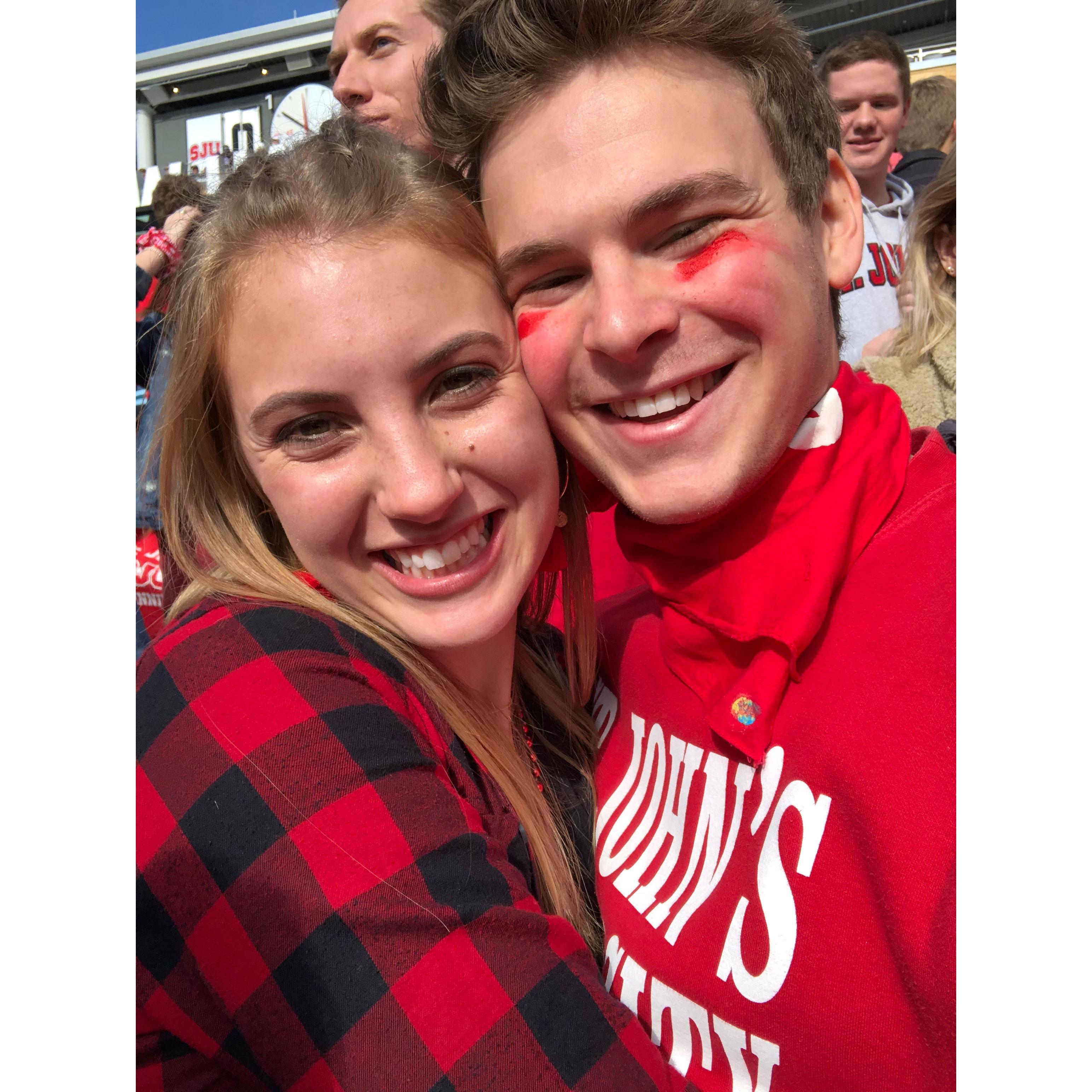 This was taken at the Johnnie-Tommie rival football game our senior year. Our relationship has strengthened over our mutual dislike of the Tommies (except those in attendance 😉)