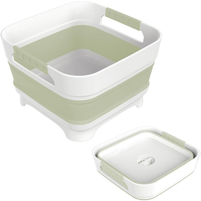 MontNorth 2.4 Gal Collapsbile Wash Basin with Drian Plug,9L Dish Pan for Soaking Baby Bottles,Portable Sink, Multiuse Foldable Bucket,Ice Beverage Tubs for Camping, Vegetable Washing, RV (Green)