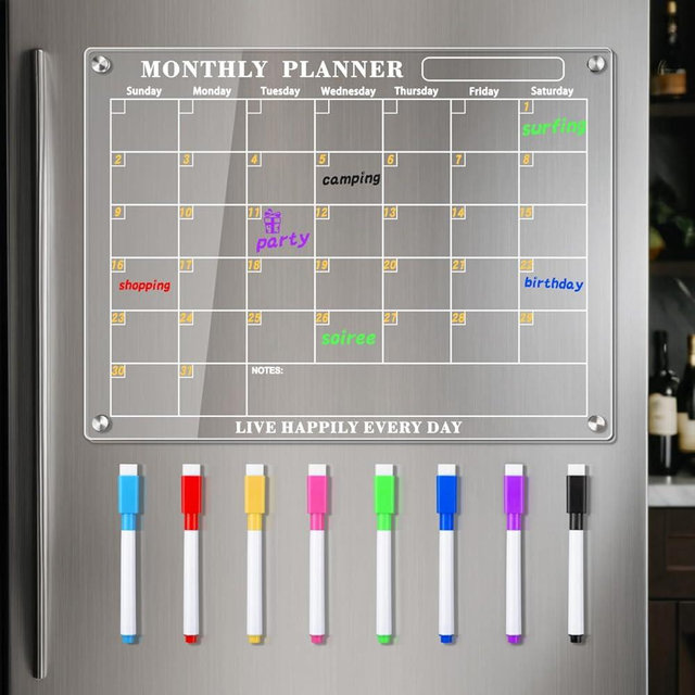 WORKLION Acrylic Magnetic Calendar for Fridge - Clear Fridge Calendar with 8 Markers Acrylic Magnetic Dry Erase Board for Refrigerator Clear Refrigerator Board for Monthly Planning,15"x11"
