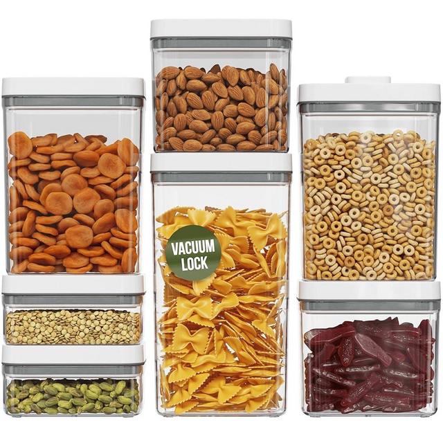 Fontaines 7-Pack Pump-Lock Food Storage Containers - Pump Vacuums Out Air with Locking Lid for Airtight, Leakproof Seal to Keep Food Fresh - Pantry, Dishwasher, Fridge & Freezer-Safe - Rectangular Set
