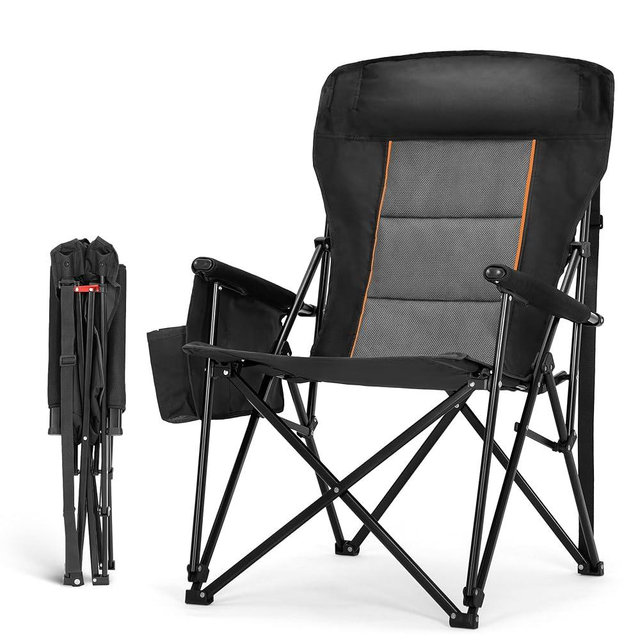 HIGH POINT SPORTS Oversized Folding Camping Chairs for Adults, High Backrest Heavy Duty Lawn Chairs Support 500 LBS Portable Collapsible Camp Chairs with Cup Holders,Side Pocket, Black
