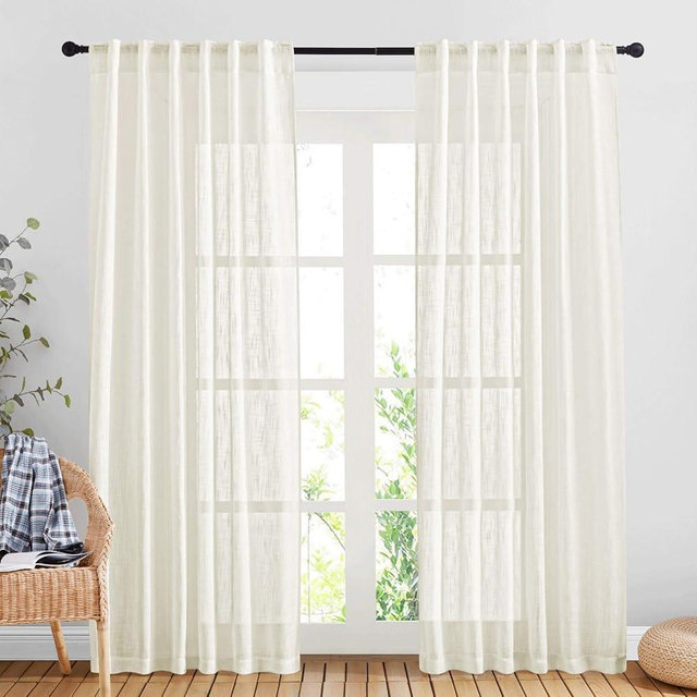 NICETOWN Semi Sheer Curtains Linen Blend Texture, Rod Pocket Back Tab Decorative Linen Sheer Drapes Window Treatment Privacy Curtains for Bedroom/Living Room/Nursery, W52 x L90, Natural, 2 Panels