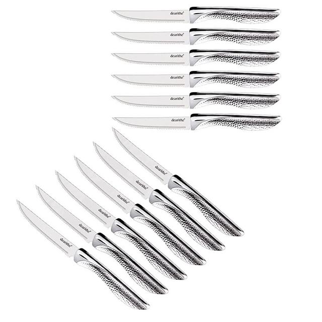 dearithe Serrated Steak Knives Set of 12, Stainless Steel Sharp Blade Flatware Steak Knife Set,4.5 In,Unique Hammered Pattern Hollowed Handle,For Kitchen Restaurant Tableware Camping,Dishwasher Safe