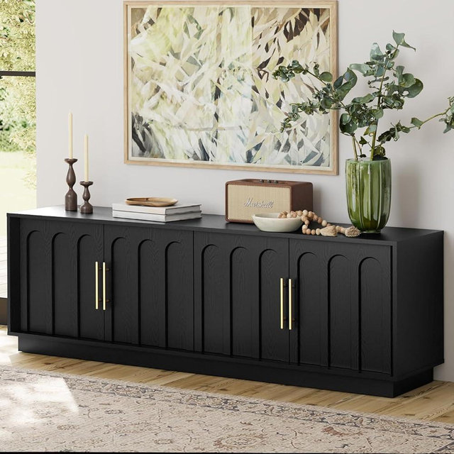 FORTUNETEC TV Stand for 75 Inch TV, 67" Entertainment Center with Arched Design, Minimalist Media Console with Adjustable Shelves, Modern TV Stand for Living Room Bedroom, Black