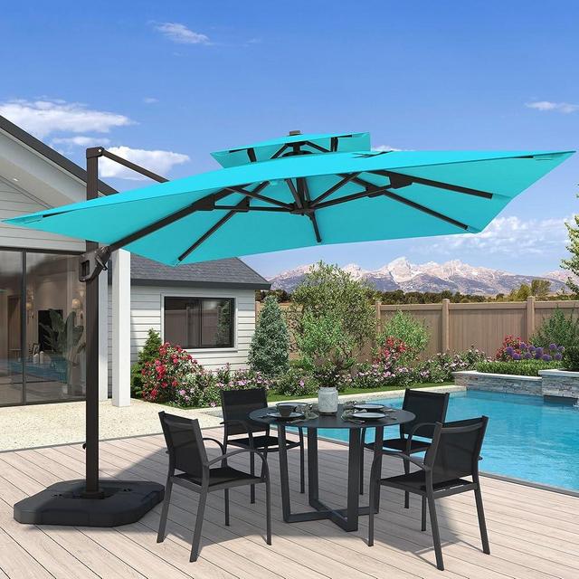 10x10 FT Cantilever Patio Umbrella Double Top Outdoor Square Large Heavy Duty Aluminum Offset Umbrellas with 7 Level Tilt 360-degree Rotation for Pool Garden Deck, Turquoise