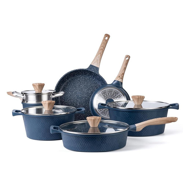 Country Kitchen Non-Stick Cast Aluminum Cookware Set - Durable Kitchen Cookware for Everyday Cooking, Navy, 13 Pc.
